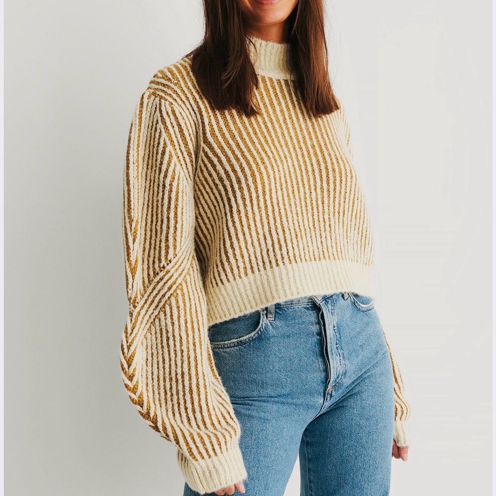 Cozy Cream and Brown Striped Turtleneck Sweater